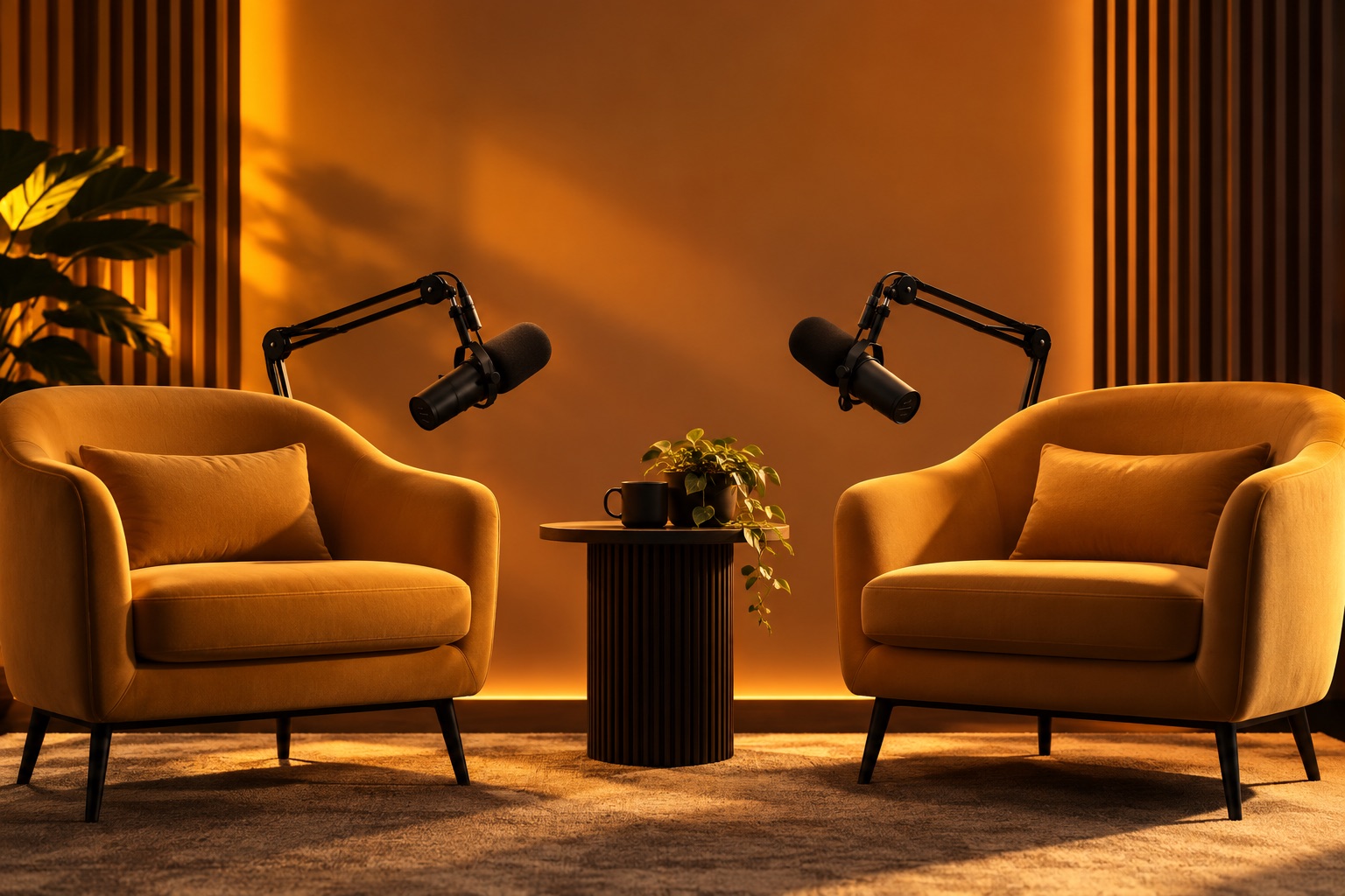 Two armchairs facing each other in a warm studio, each with a microphone
